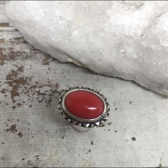 BASK Oxidized Sterling Silver Oval Coral Ring - Picture 1 of 5